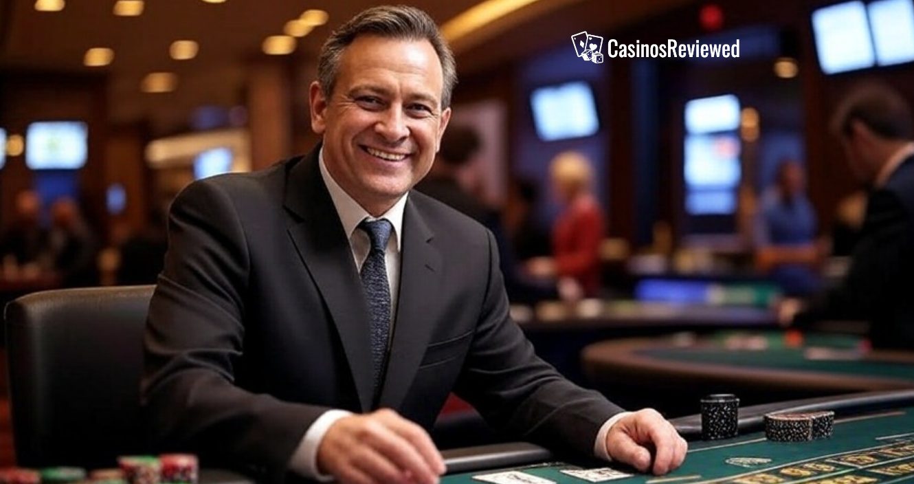 Live dealer managing casino table with cards and chips